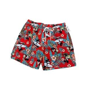 Disney Men's Mickey Mouse Red Floral Swim Trunks Drawstring Pockets size L NWT